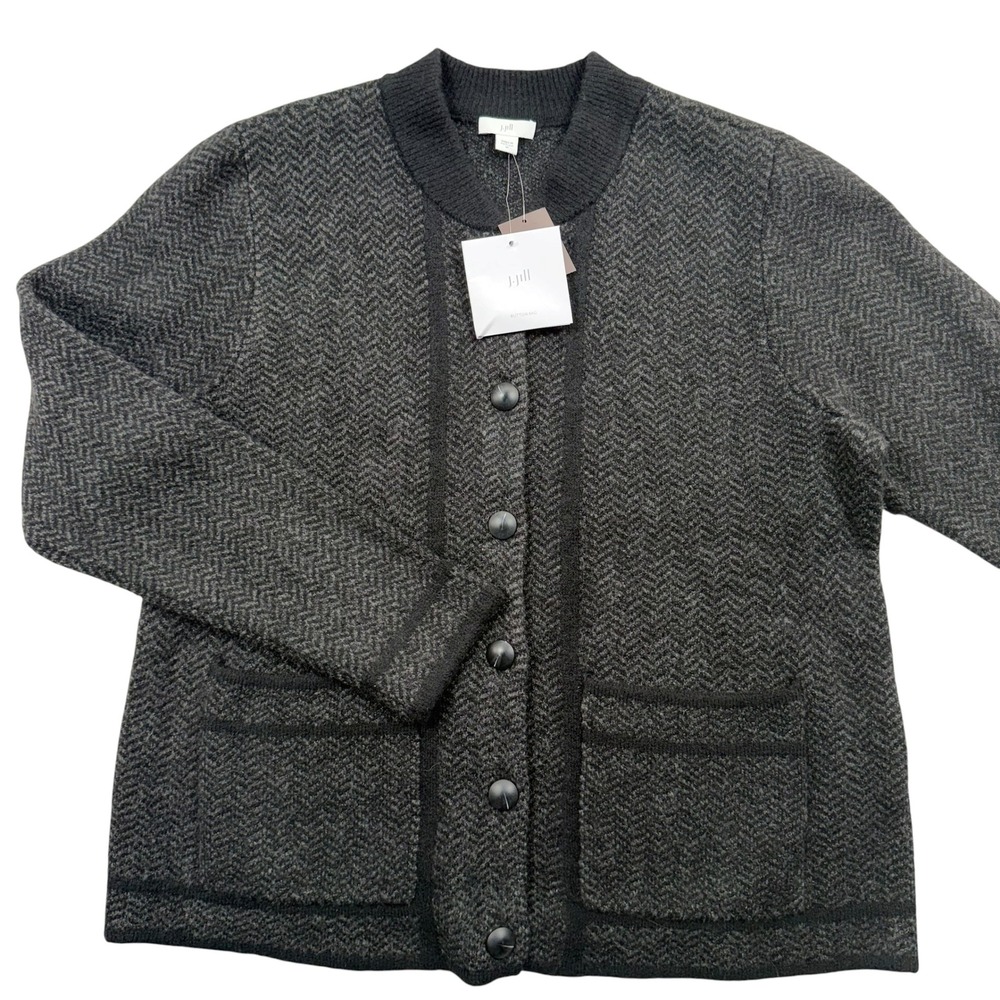 J. Jill Cardigan Sweater Womens M Black Herringbone Wool Blend Button Front NEW